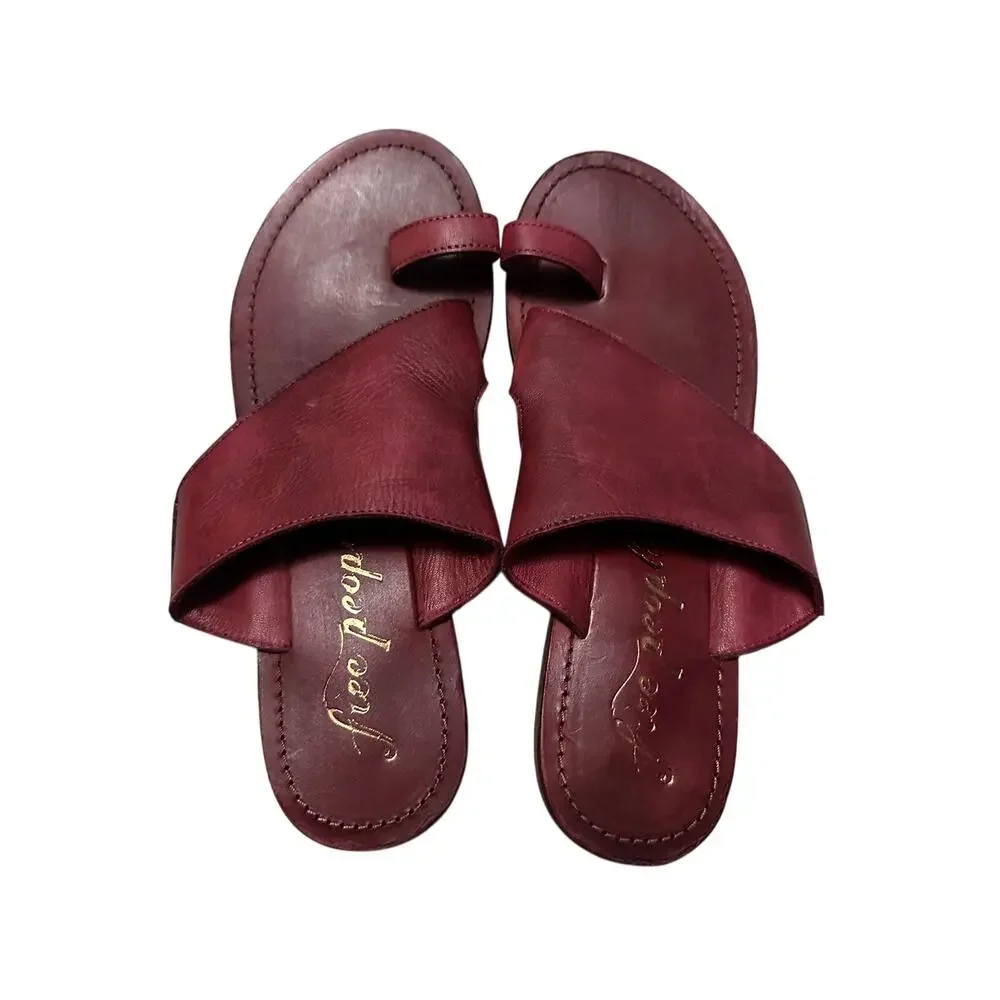 Free People Sant Antoni Faded Cherry Red Leather Asymmetric Slides Sz 38.5 / 8.5